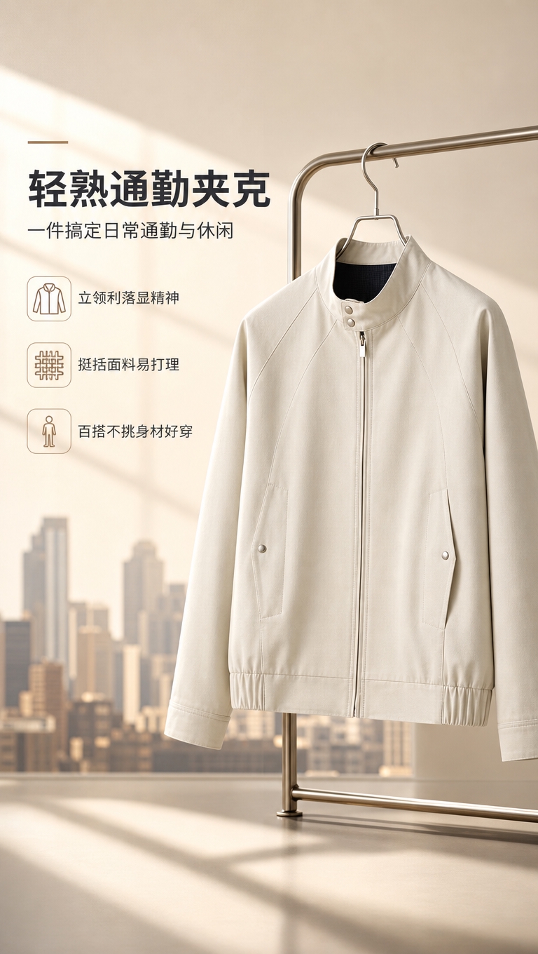 [商品] 使用【图1】浅米色男士立领休闲夹克；商品处理：保留立… - 图片创意预览