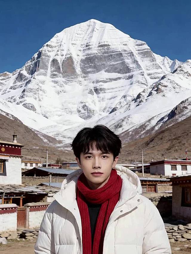 画面里的这个男生在面向镜头，向大家介绍他身后的西藏雪山，他站在村落中，用藏语热情介绍：「岗坚杰苍赛西，岗泽萨杰苍鲁旭。阿吉果囊尼，博隆岗泽叠印。阿博隆尼，秋当巴，洛萨扎西杰！」