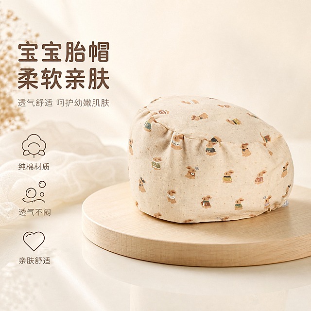 [单张主图] 婴儿卡通印花胎帽 高级氛围感主图 主图目标：突出产品柔软亲肤、透气舒适、可爱印花的特点，传递母婴安全可信的品质感，同时承担点击、理解、信任、转化四个任务。
[画面主体] 主体为1顶浅米色卡通小兔子印花婴儿胎帽，帽子完整不裁切，正面45°角展示，占画面45%-55%，位于画面中下部偏右位置。帽子材质为柔软纯棉面料，表面印有多种颜色衣服的可爱小兔子图案，带有细小波点纹理，帽身有自然褶皱，右侧可见调节扣细节。必须保持产品外观、颜色、结构、印花图案与输入产品图完全一致。
[构图版式] 采用左文右物场景型版式。左侧大面积留白放置标题和卖点，右侧放大展示产品主体，底部用柔和台面承托，整体留白充足，层次分明。
[场景元素] 背景为柔和的奶油白渐变，带有轻微的暖调光影过渡，营造干净温馨的母婴氛围。产品放置在浅原木色圆形台面上，台面有柔和的接触阴影。左上方点缀2-3片轻柔的白色纱质织物和一小束浅米色干花作为装饰道具，道具虚化处理，不抢主体。画面底部有轻微的环境反光，增强立体感。
[文案版式] 左上角放置主标题，分两行排列，第一行"宝宝胎帽"，第二行"柔软亲肤"，字体为圆润柔和的无衬线黑体，字重中等，颜色为暖棕色。主标题下方放置一行副文案"透气舒适 呵护幼嫩肌肤"，字号缩小50%以上，颜色为浅灰棕色。左下角纵向排列3个轻量线稿图标卖点，每个图标配短文字：第一个是棉花图标配"纯棉材质"，第二个是透气气泡图标配"透气不闷"，第三个是爱心图标配"亲肤舒适"。图标和文字均为浅棕色，线条纤细精致。所有文字清晰可读，不遮挡产品主体。
[光影质感] 采用自然窗光效果，主光从左上方45°斜射，光线柔和均匀，在帽子表面形成细腻的明暗过渡，突出纯棉面料的柔软质感和自然褶皱。辅光从右下方补光，减弱暗部阴影。产品底部有柔和自然的接触投影，投影边缘虚化。整体光影通透干净，带有轻微的柔焦效果，营造温馨舒适的母婴氛围。
[配色字体] 主色为奶油白和浅米色，辅助色为暖棕色和浅原木色，强调色为浅灰棕色。整体色调柔和温暖，低饱和度，符合母婴品类视觉调性。标题字体使用圆润无衬线黑体，字重中等；辅助文字和图标说明使用同系列细体字，保持字体风格统一，不混用多种字体。
[比例分辨率] 图片比例1:1，2K分辨率，文字清晰可辨，产品细节锐利。
[负向提示词] 禁止变形、禁止水印、禁止错字糊字、禁止伪Logo、禁止主体遮挡、禁止背景杂乱、禁止低清晰度、禁止错误结构、禁止颜色偏差、禁止硬边抠图感、禁止悬浮感、禁止夸张透视、禁止出现人物面部、禁止出现医疗相关元素、禁止绝对化用语。