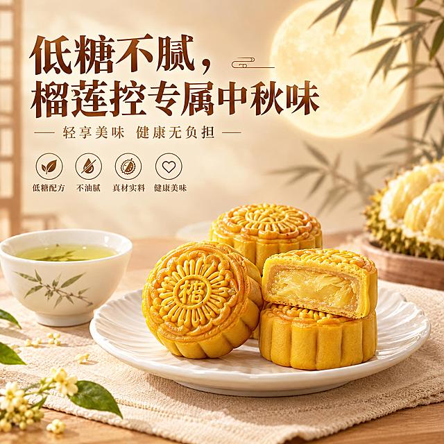 参考图中的榴莲月饼产品，保留月饼的精致造型，画面主体为几块精致的榴莲月饼，摆放在素雅的白瓷盘上，旁边搭配清茶，营造低糖健康的感觉，月饼切开后内馅清爽不油腻，色泽温润，背景为暖米色中秋雅致氛围，有淡淡的竹影和圆月，画面上方有醒目大字文案“低糖不腻，榴莲控专属中秋味”，整体画面清新雅致，突出健康美味，商业美食摄影质感，高清细腻