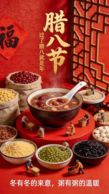 新中式微缩景观摄影风格，热烈喜庆且充满治愈感，高饱和度中国红为主色调，搭配金色文字与暖棕食材色彩，浓厚腊八节氛围，竖版构图，平视视角，带有纹理的红色墙面背景，右侧中式镂空木质窗格，左侧点缀红色“福”字贴，视觉中心为红色圆台上一碗热气腾腾的腊八粥，深褐色碗身，粥体饱满可见红枣、花生等食材，白色汤勺置于碗中，圆台周围摆放盛满食材的容器：麻布袋装的红豆、黄豆，碗装的小米、绿豆、莲子、黑米等，食材间点……预览效果
