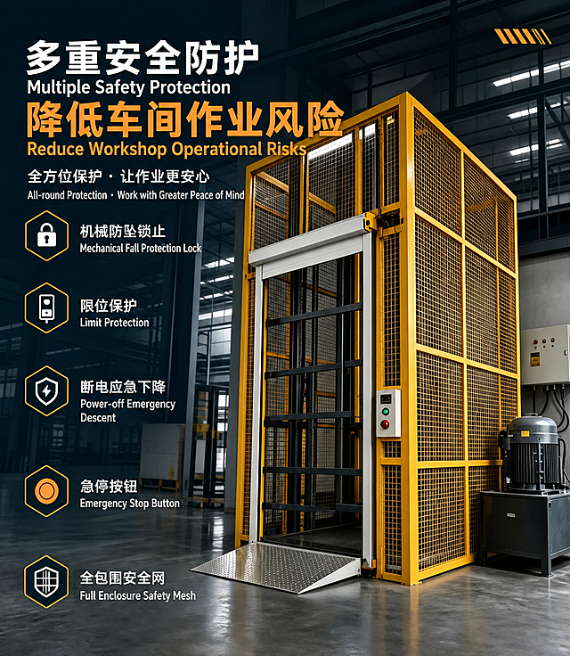 将这张多重安全防护货梯宣传图中的所有中文文字翻译为英文，做成中英双语版本，中文在上英文在下。保持原排版、字体风格、字号层级、颜色、位置和排版关系完全不变。开启主体保护，不遮挡货梯设备主体。翻译准确，背景修复干净，文字自然融合，无漏翻、错翻、乱码、文字重叠、排版错位和背景破损。