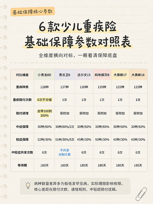 小红书笔记干货内页，便签笔记风，版式精美，信息层级清晰。页面主题标签：基础保障核心参数。页面大标题居中醒目，圆润手写体：6款少儿重疾险 基础保障参数对照表。副标题小字位于主标题下方：全维度横向对标，一眼看清保障底盘。标题下方一条浅灰色虚线分隔。主体内容为7项参数对比表，浅灰细边框，左列是对比维度，右侧6列是6款产品简称。表头从左到右：对比维度、小青龙8D、青云卫6、达尔文15、妈咪保贝B、大黄蜂17、大黄蜂16。表格共7行：第1行重疾种类：128种、137种、130种、135种、125种、125种。第2行重疾赔付次数：6次不分组淡黄色荧光笔高亮、1次、1次、1次、1次、1次。第3行赔付递增：自带100到160百分号淡黄色高亮、需附加、需附加、需附加、需附加、需附加。第4行中症保障：30种斜杠60百分号、30种斜杠60百分号斜杠2次、30种斜杠60百分号、30种斜杠60百分号、30种斜杠60百分号、30种斜杠60百分号。第5行轻症保障：52种斜杠30百分号、51种斜杠30百分号斜杠5次、45种斜杠30百分号、50种斜杠30百分号、43种斜杠30百分号、43种斜杠30百分号。第6行中轻症共享次数：6次、不共享分别计算淡蓝色小字标注、6次、6次、6次、6次。第7行等待期：全部180天。表格下方一个浅灰底圆角便签贴士框：病种数量差异多为极低发罕见病，实际理赔影响有限，核心差距在赔付次数、递增规则、中轻症赔付逻辑。画面比例3:4竖版。整体风格：便签笔记干货风，活页笔记本质感，元素极简克制。背景：米白色哑光纸张底色，极淡纸纤维纹理，浅灰色细横格线，间距宽松不遮挡文字。装饰：左上角一枚浅橙色圆角标签贴纸写基础保障核心参数，右下角一枚迷你银色回形针，重点信息淡黄色荧光笔色块高亮，无其他花哨元素。字体：大标题圆润手写体，正文清晰无衬线体，关键数字粗体突出。画质高清细腻，文字完整处于安全区内，四周留安全边距。4K。
