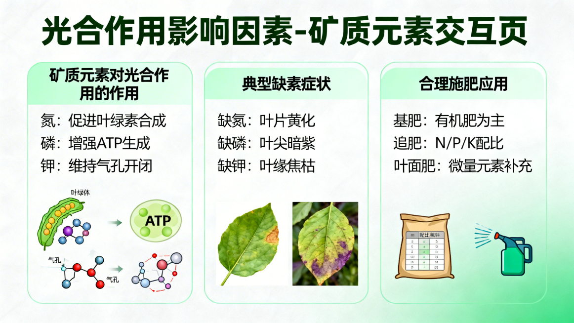 生成光合作用影响因素-矿质元素交互页，内容包含：矿质元素对光合作用的作用，典型缺素症状，合理施肥应用，整体风格统一，绿色教学风预览效果