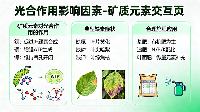 生成光合作用影响因素-矿质元素交互页，内容包含：矿质元素对光合作用的作用，典型缺素症状，合理施肥应用，整体风格统一，绿色教学风