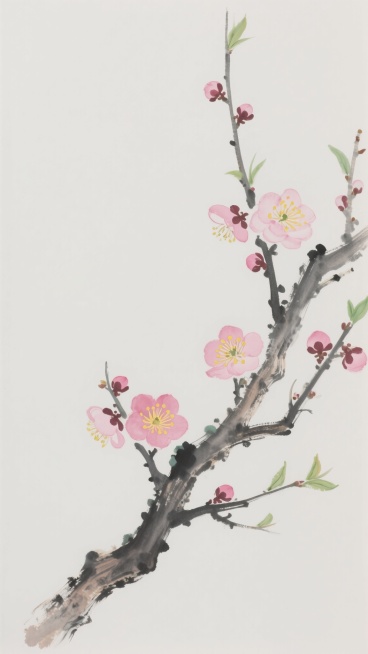 中国传统水墨风格梅花图，一枝苍劲的梅枝从画面右侧斜出，枝头点缀着盛开的粉色梅花与含苞待放的花蕾，梅花花瓣边缘渲染细腻，中心点缀着黄色花蕊，枝干上还有几片嫩绿的新叶，整体色调清雅，以淡墨勾勒枝干轮廓，色彩晕染自然柔和，留白充足，营造出简洁空灵的东方意境，画面干净无其他元素干扰。预览效果
