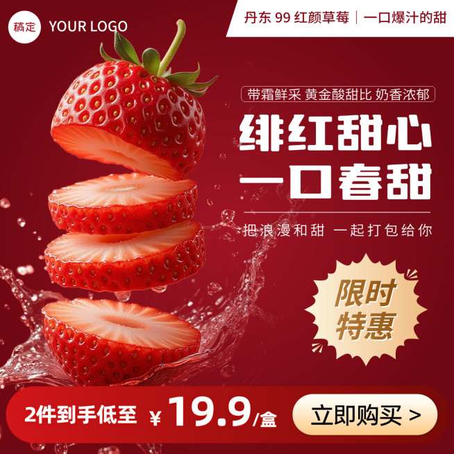 红色水果草莓水花背景产品营销电商主图预览效果