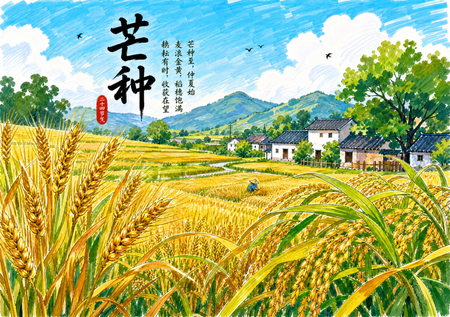 二十四节气芒种，马克笔手绘风格，描绘田间谷物成熟丰收的景象，整体画面充满田园气息，马克笔笔触明显预览效果