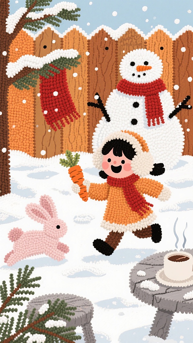 戴毛绒耳罩的小女孩笑着追粉白雪兔，手里攥着胡萝卜诱饵。庭院里堆着半成的雪人，木栅栏挂着红围巾，石桌上摆着冒热气的热可可，松枝覆雪，雪花轻飘，暖橙 + 雪白配色