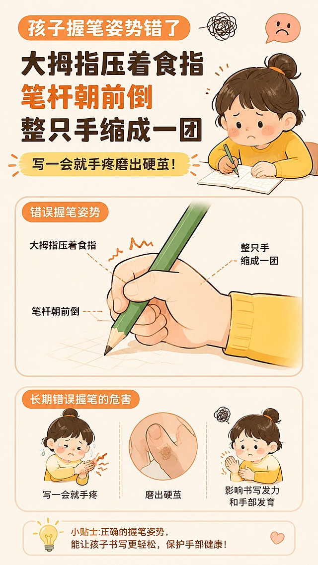 小红书痛点图文，展示孩子错误握笔姿势：大拇指压着食指，笔杆朝前倒，整只手缩成一团，写一会就手疼磨出硬茧，配卡通插画，简约暖色调排版