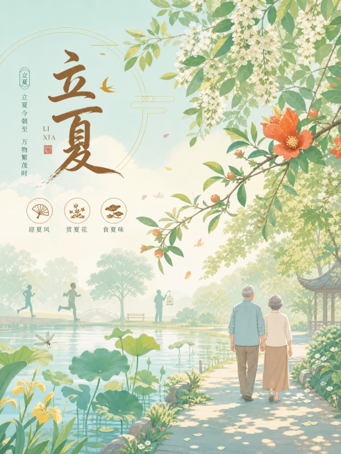 主视觉包含初夏绿植、石榴花、槐花、荷塘初叶，林间散步的老年夫妇，慢跑、遛鸟休闲剪影，融入立夏时令纹样，配色为浅青+暖棕+鹅黄，风格清新柔和预览效果
