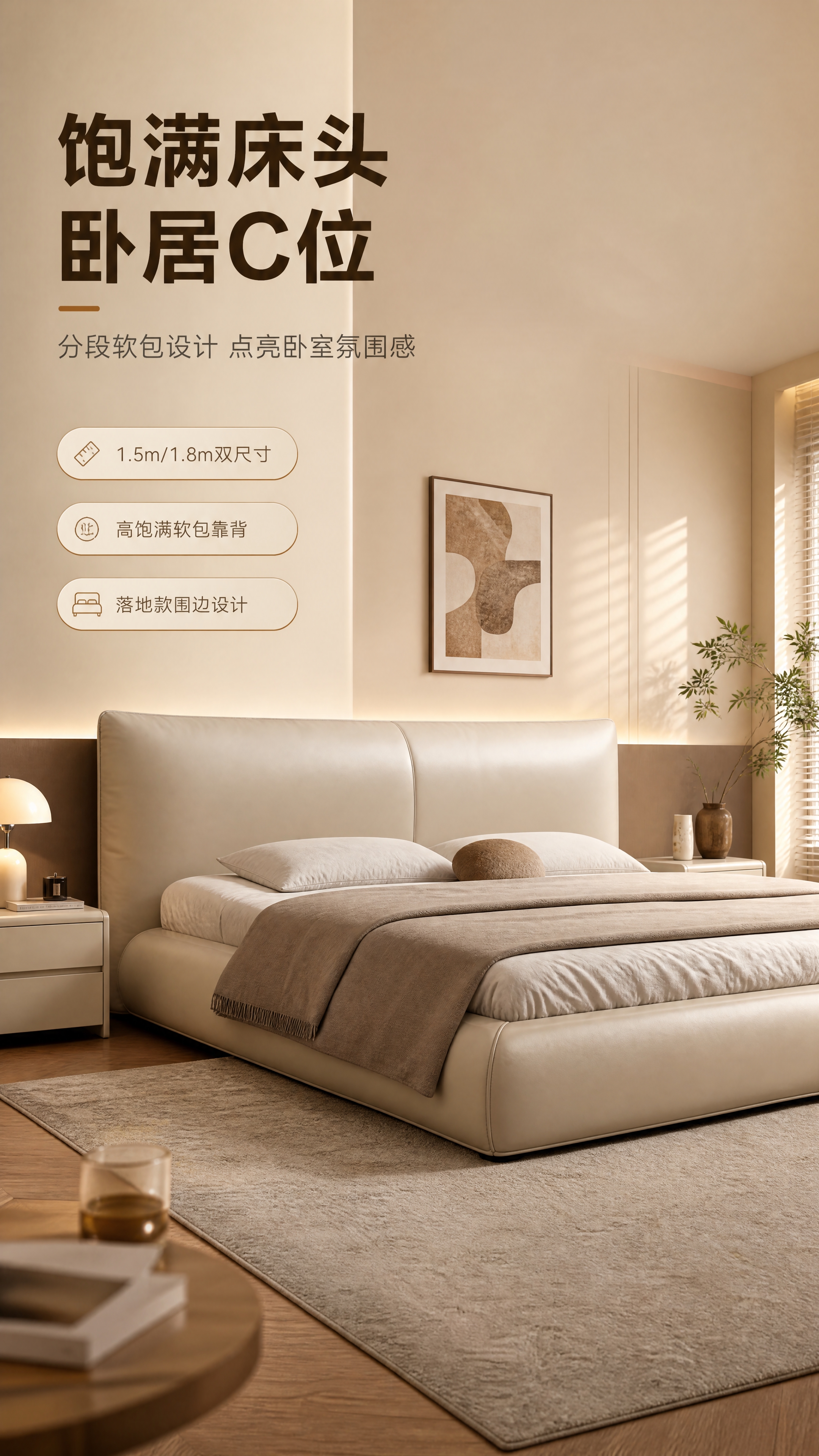[商品] 使用【图1】浅卡其色皮质软包床头落地床；保留床头分段… - 图片创意预览