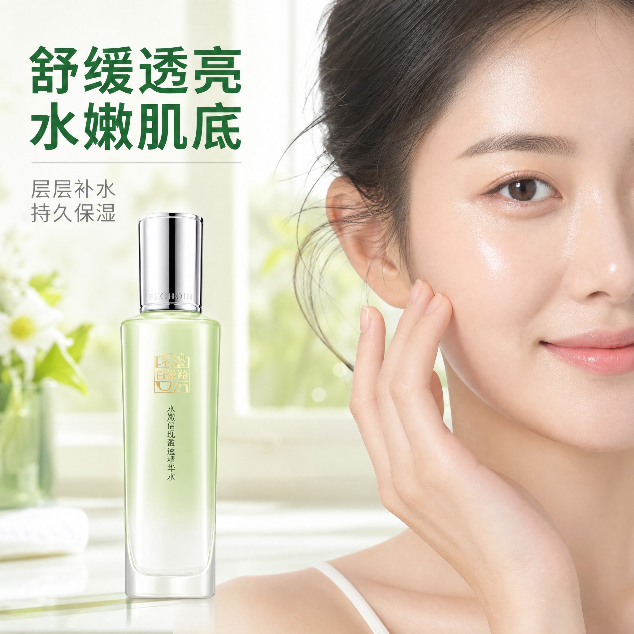 [主图-4] 使用场景与肤感实证，展示女性使用精华水后的水润肌… - 图片创意预览
