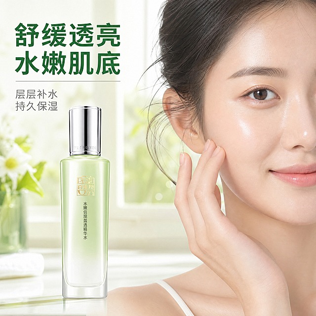 [主图-4] 使用场景与肤感实证，展示女性使用精华水后的水润肌肤状态，体现产品效果。
[统一基调] 京东风格，简洁稳重，文字占比小于30%，一图一重点；整体主色为清透浅绿+奶油白，辅助色为银灰，强调色为薄荷绿；主标题字体为干净非衬线体，粗体，深绿色；辅助文字为浅灰色非衬线体；整体视觉通透水润，高级商业摄影质感。
[画面] 画面右侧为一位东亚年轻女性的半脸特写（从额头到下巴，展示脸颊和颈部皮肤），皮肤状态水润饱满有光泽，面带自然微笑，表情愉悦享受。她的一只手轻轻放在脸颊旁，仿佛刚涂抹完精华水。画面左侧放置产品瓶身，直立摆放，占画面约35%。背景为柔和的室内自然光场景，虚化的窗台和绿植剪影，营造清新自然的护肤氛围。整体光线柔和，突出皮肤的水润质感。
[光影质感] 窗边自然光，主光从右侧打来，人物皮肤有自然的高光和通透感，呈现健康水润状态。产品瓶身有真实的光影反射，与场景自然融合，底部有柔和接触阴影。
[配色] 背景浅绿+米白暖调，人物肤色自然，产品淡绿色，标题深绿色。整体色调清新温暖。
[文字版式] 画面左上方主标题："舒缓透亮 水嫩肌底"，深绿色粗体非衬线字体。标题下方两行小字："层层补水 持久保湿"，浅灰色。文字放在左上角负空间，不遮挡人物脸部和产品。
[输出要求] 比例1:1，2048x2048，2K分辨率，文字清晰可读，产品清晰不变形，无错字，无杂乱元素，无水印，无京东平台Logo。负向：人物面部扭曲、畸形手、多余手指、产品变形、色差、模糊、穿模、文字拉伸压扁、夸张P图前后对比。