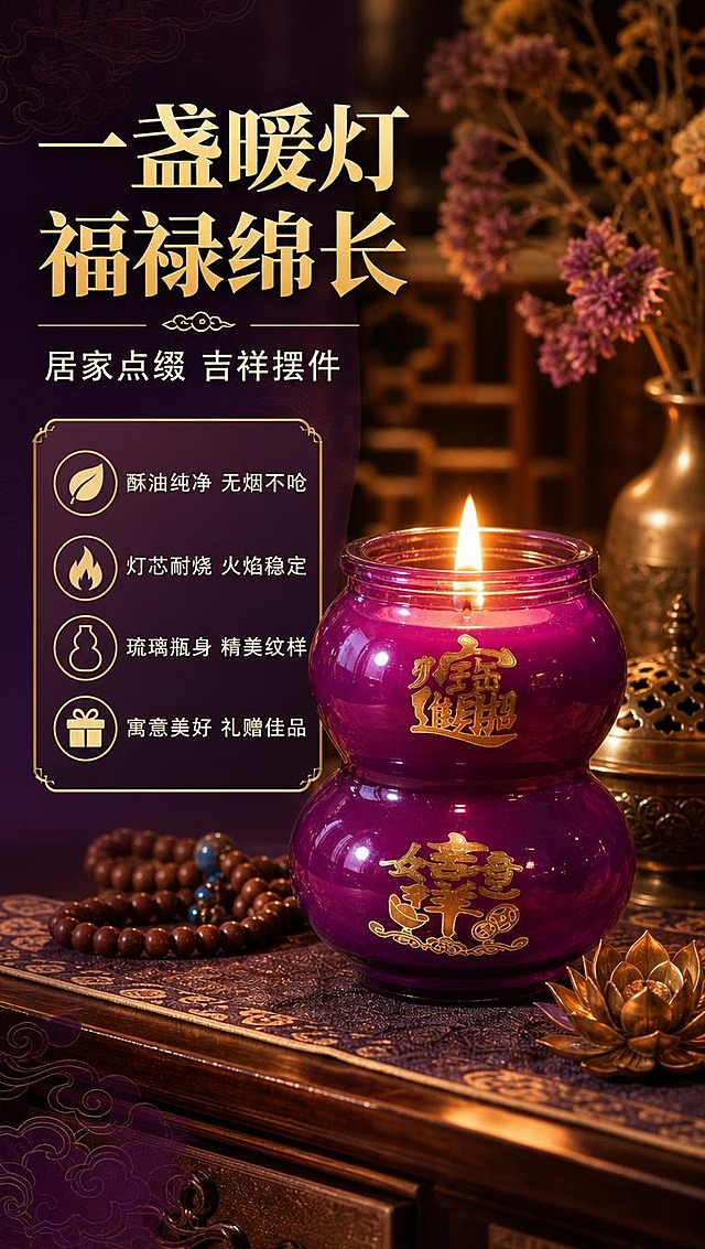 [商品] 使用【图1】大号葫芦造型酥油灯；保留紫色葫芦形玻璃瓶身、烫金吉祥纹样、整体结构比例；蜡烛处于点燃状态，灯芯有柔和火焰，瓶内酥油呈温润透光感；增强琉璃通透和烫金质感。
[画面] 页面目标：场景种草，营造中式家居温馨氛围。构图：左文右图竖版布局，右侧产品占画面65%；场景为中式实木玄关柜/书桌一角，旁边点缀小香炉、佛珠、莲花摆件、干花；暖黄烛光点亮整个场景，营造温馨静谧的氛围；前景有桌布纹理，中景蜡烛主体，后景虚化中式家具。
[视觉] 套系策略：风格=新中式国风商业摄影+醒目大字排版；标题字=粗黑体带中式衬线，厚重醒目；正文字=圆润无衬线黑体；主色=深紫+金色；背景延展=基于深紫色做渐变层级、同色系明暗过渡、暗纹中式底纹；强调色=烫金色，用于标题、图标、引线、卖点高亮；标题色=烫金色；正文色=米白色；组件=圆角金边信息卡、中式云纹分割线、金色图标；光影=烛光为主光源，暖调侧逆光，营造氛围感。
[文字] 左上区域主标题：一盏暖灯 福禄绵长（金色大字）；副标题：居家点缀 吉祥摆件（白色）；下方4行短文案：①酥油纯净 无烟不呛 ②灯芯耐烧 火焰稳定 ③琉璃瓶身 精美纹样 ④寓意美好 礼赠佳品；文字区用半透明深紫底金边卡片承载，不遮挡蜡烛主体；所有文字横排。
[规格] 图片比例9:16竖版，4K分辨率，避免变形、错字、文字过小、冷蓝色调、瓶身纹样错乱、火焰不自然。