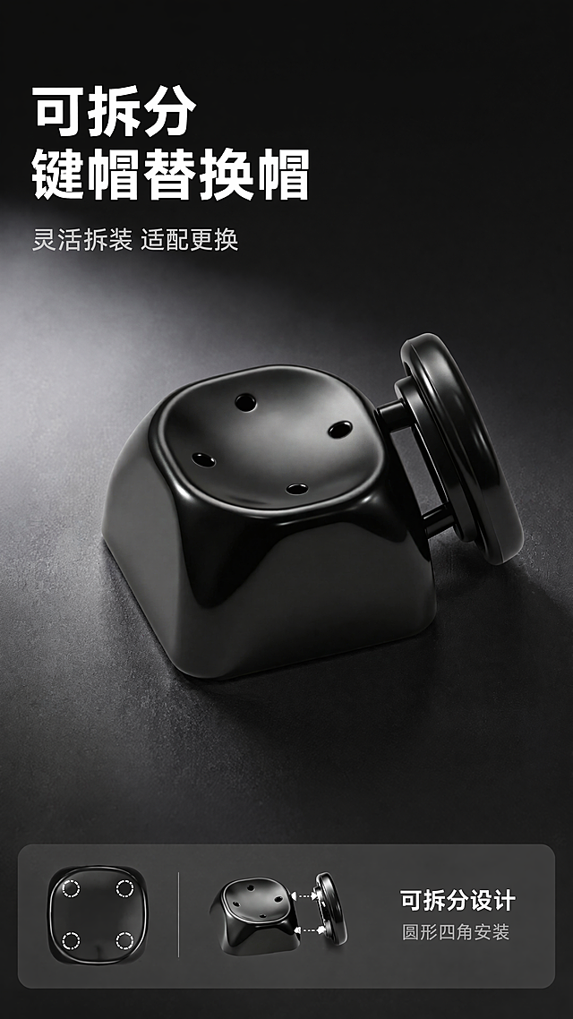 [第1屏] 淘宝天猫详情页头图-黑色可拆分键帽替换帽主视觉海报。突出展示可拆分设计卖点：圆形的四个角安装到键帽上面的四个孔中。
[氛围/风格] 科技感简约商务风格，深色背景搭配光影效果，商业摄影质感，专业数码配件视觉，画面干净高级，符合国内电商平台风格。
[元素布局] 本屏使用【图1】作为商品主体，键帽替换帽放置在画面右侧中上部，占据画面约65%-70%。严格保留产品的物理结构：黑色亮面质感，方形键帽主体，侧面连接圆形拆分部件，键帽顶面四个圆孔的位置、大小和形状保持与输入产品图一致，结构完全准确，颜色为纯黑色亮面高光质感不偏差。背景为深灰色渐变科技风，左上角预留标题区域，底部增加浅灰色信息条放置核心卖点文字，整体构图简洁干净无多余元素。
[光影质感] 左上方主光源照亮键帽亮面外壳，在右侧形成自然柔和投影，突出产品高光和金属光泽质感，产品边缘清晰锐利，明暗层次分明，结构真实立体。
[配色色系] 全局底色：#222222（深灰黑）；主体配色：#111111（纯黑亮面键帽）+ #333333（深灰拆分部件）；文字配色：#FFFFFF（白色标题）+ #CCCCCC（浅灰副标题）。
[视角构图] 斜45度俯视视角，景深适中，主体键帽斜侧放置在画面偏右区域，左上完整区域留给标题文案，阅读动线从上到下清晰自然。
[文字版式] 左上分层排版：主标题「可拆分键帽替换帽」，白色粗体字，左对齐，字号约为画面宽度的8%-10%；副标题「灵活拆装 适配更换」，浅灰色细字，主标题下方，字号约为主标题40%；底部信息条放置卖点文字「可拆分设计 圆形四角安装」，白色小字左对齐，文字不遮挡主体产品。
[比例分辨率] 9:16竖版比例，4K分辨率，文字清晰可辨，移动端浏览舒适。
[负向提示词] 产品结构错误，键帽变形，圆孔位置偏差，颜色偏差，文字错乱，水印，背景杂乱，产品模糊，缺件错件，文字过小，诱导点击，极限词。