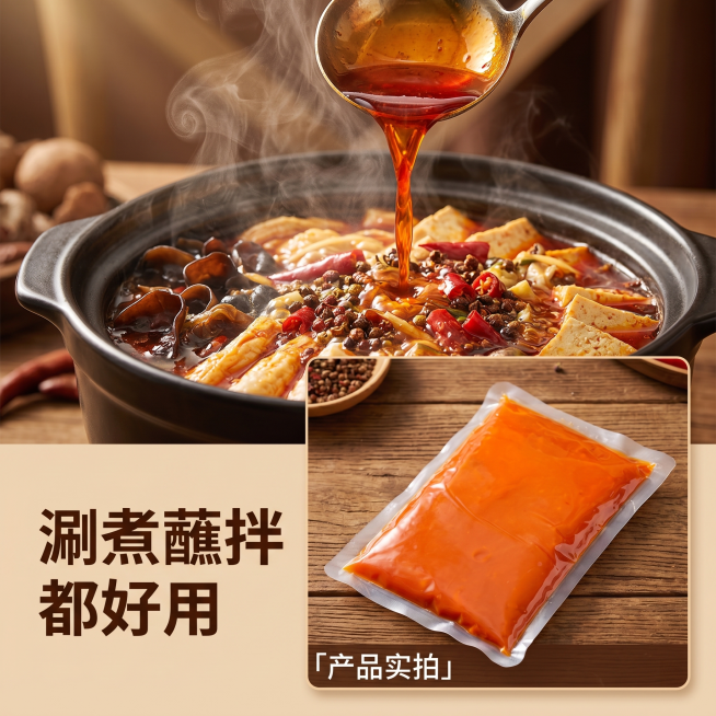 [主图 4]食用场景体验图，香辣红油淋在麻辣火锅上，红油鲜亮，火锅食材周围环绕，展示红油真实使用场景，激发食欲。风格是棕色食欲风，商业摄影质感、光线自然柔和通透、产品清晰真实、画面干净高级，保持袋装产预览效果