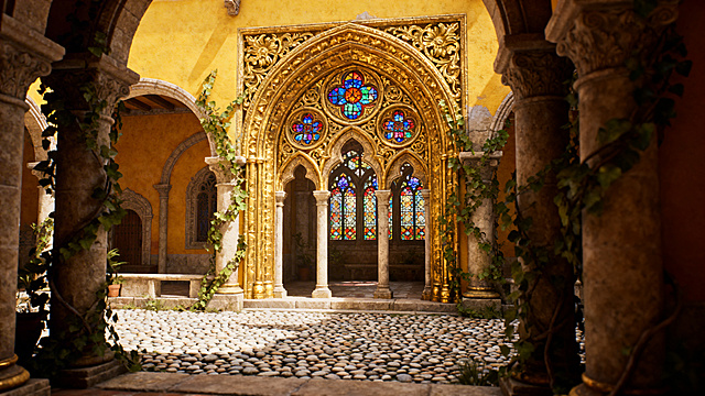 索恩族地东庭院，带有一点拉美风格，华丽的中世纪风格建筑，建筑级商业摄影，8k分辨率，极佳的材质纹理，辛烷值渲染生成，写实质感，不要CG动画感，清晰的镜头构图，丰富的材质细节，温暖浓郁的光影氛围，统一协调的整体风格