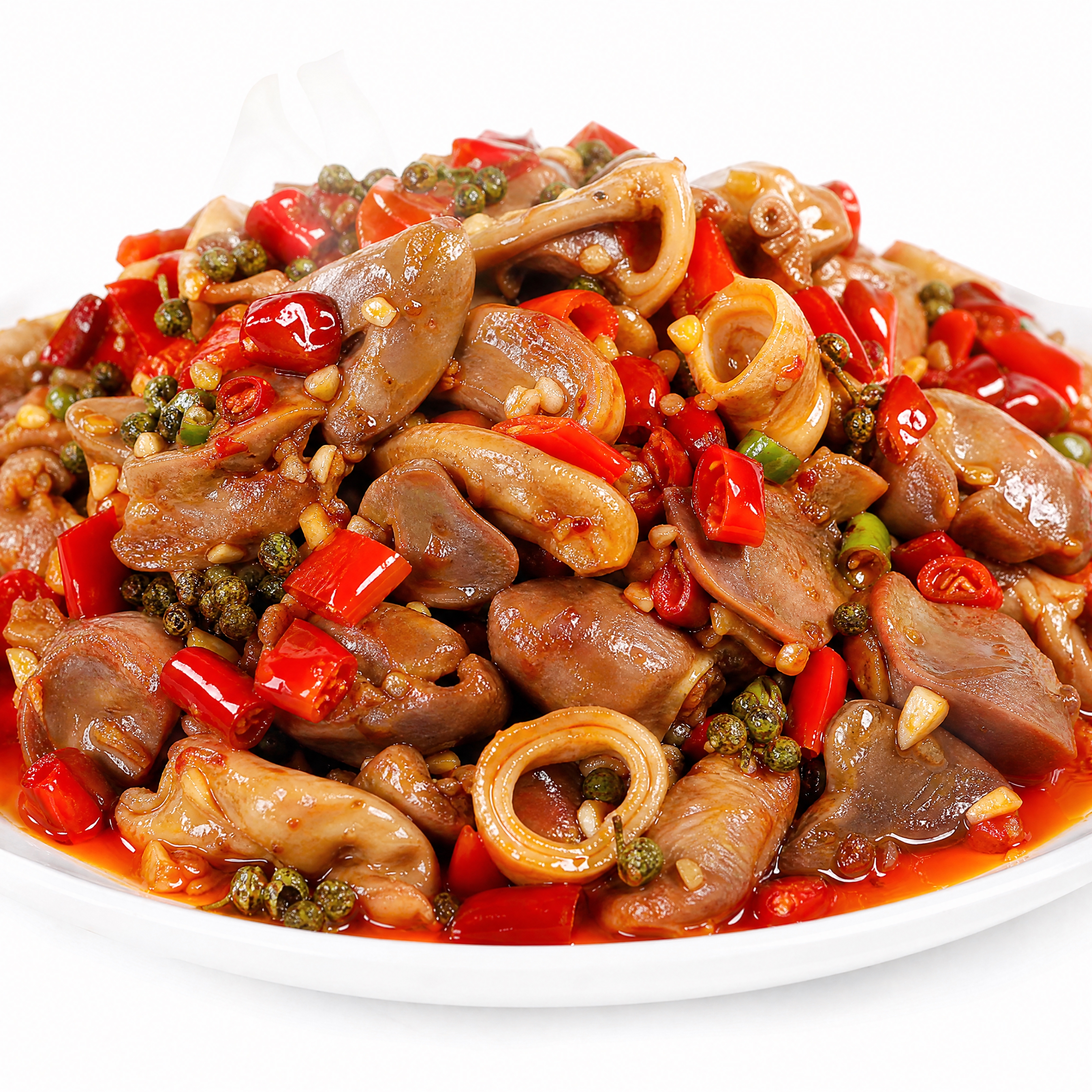 一盘香辣鸡杂，包含鸡胗、鸡心、鸡肠等，色泽红亮油润，表面撒有红… - 图片创意预览
