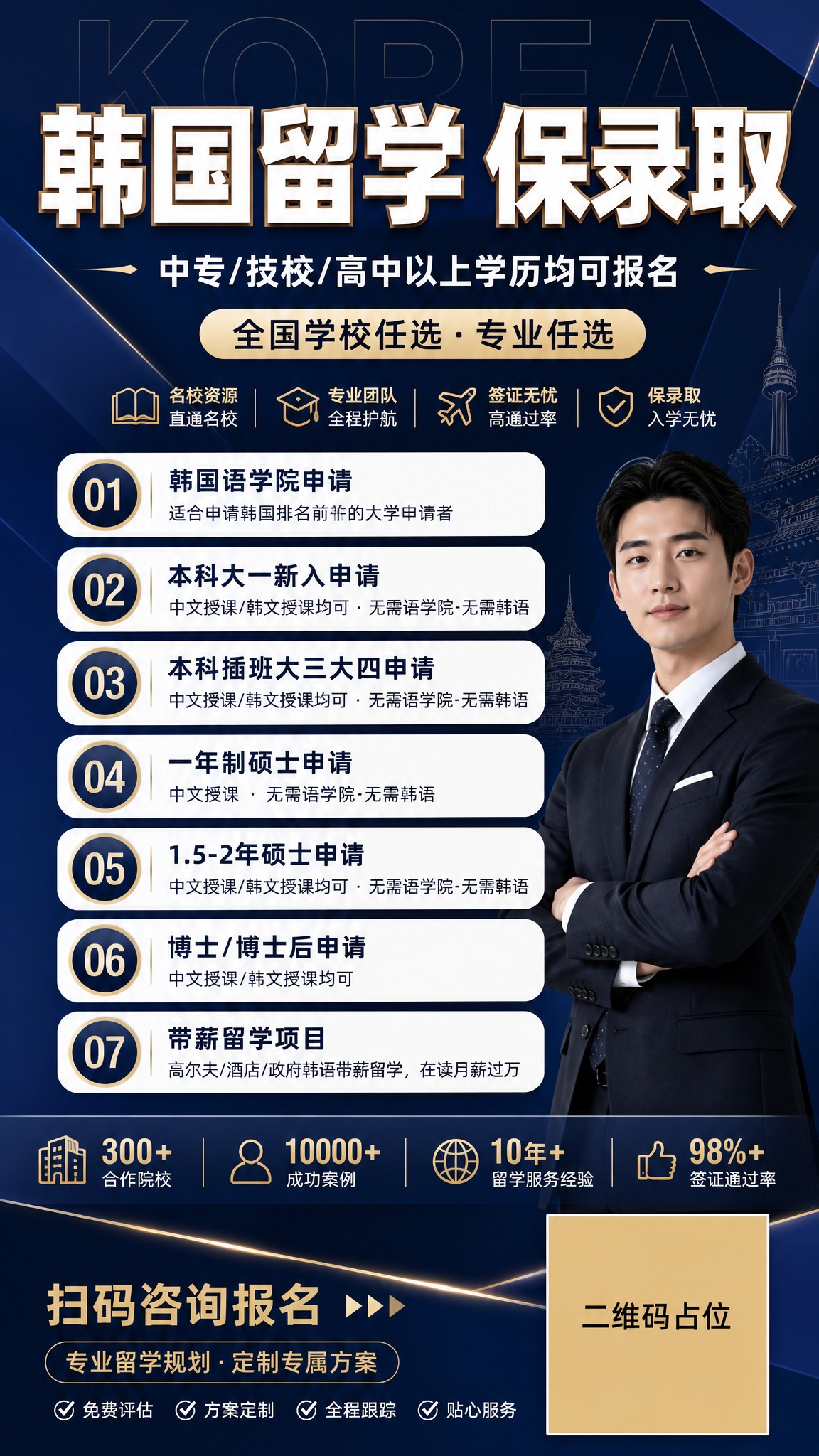 一张韩国留学招生竖版海报，深蓝高端商务风格，深藏青到深蓝紫渐变… - 图片创意预览