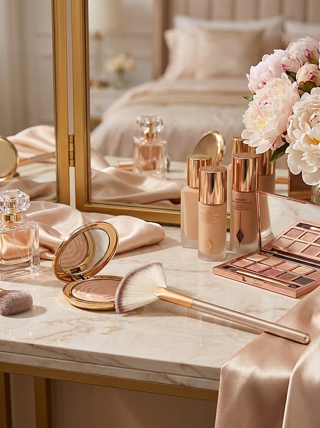 为这把扇形化妆刷生成另一款不同的真实使用场景图，展示化妆刷搭配彩妆产品在轻奢化妆桌上的场景，高级质感，产品清晰突出，适合美妆商品展示