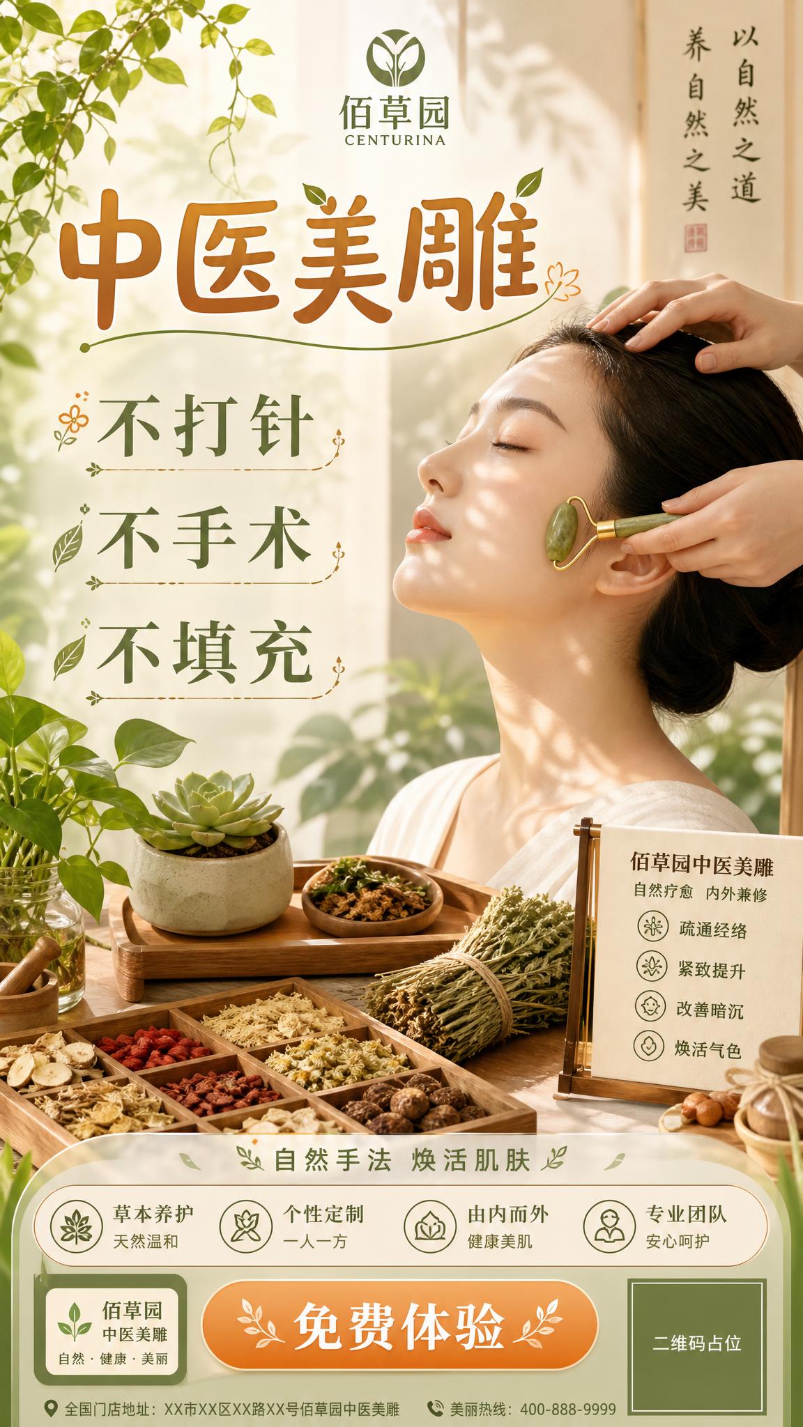 自然疗愈风格佰草园中医美雕品牌海报，竖版9:16。顶部放置「佰… - 图片创意预览