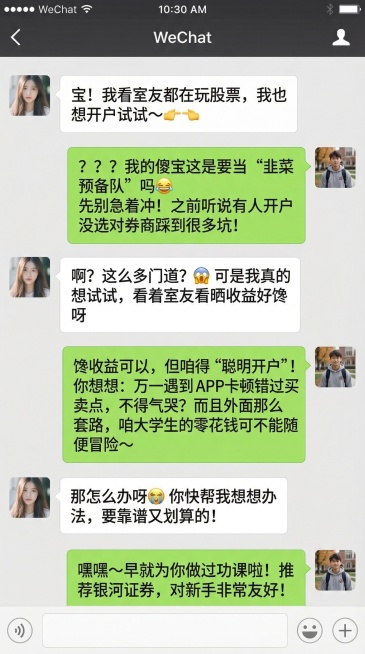 生成微信聊天界面，沿用图片中的浅灰白色聊天背景样式，女生头像在左侧，男生头像在右侧，男生为大学生形象，女方对话框为白底，男方对话框为绿底，放置指定对话内容：
女方：宝！我看室友都在玩股票，我也想开户试预览效果
