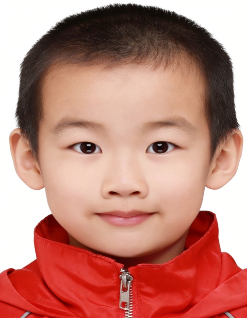 保留第一张图中人物发型､脸型､年龄特征生成标准样式纯正面儿童证件照;人物主体严格居中,头部大小与位置严格对齐第二张图,双肩水平平衡,面部中轴线对齐画面中心,正视前方;标准儿童证件照构图,人物绝对居中,预览效果