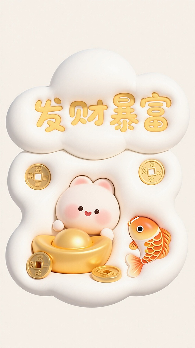 治愈软萌发财壁纸，奶白底色，Q 版圆滚滚的元宝、铜钱和小锦鲤，搭配软乎乎的云朵边框，‘发财暴富’文字是圆润卡通字体，低饱和暖黄色调，边缘模糊渐变，温馨治愈