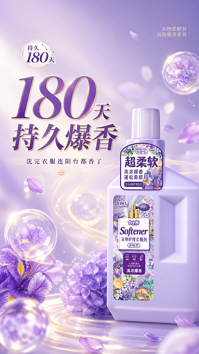 第二张海报，核心卖点主打持久留香180天，简约轻奢香氛风格，产品为淡紫色瓶身衣物柔顺剂。莫兰迪紫渐变背景，搭配柔焦金色光影，产品放在画面偏右下位置。左侧放置大尺寸主标题文字“180天 持久爆香”，紫调烫金字体，高级感十足，下方小字说明“洗完衣服连阳台都香了”。背景点缀散落的紫色花瓣和半透明香氛气泡，整体精致高级，符合产品轻奢调性，色系和产品统一。