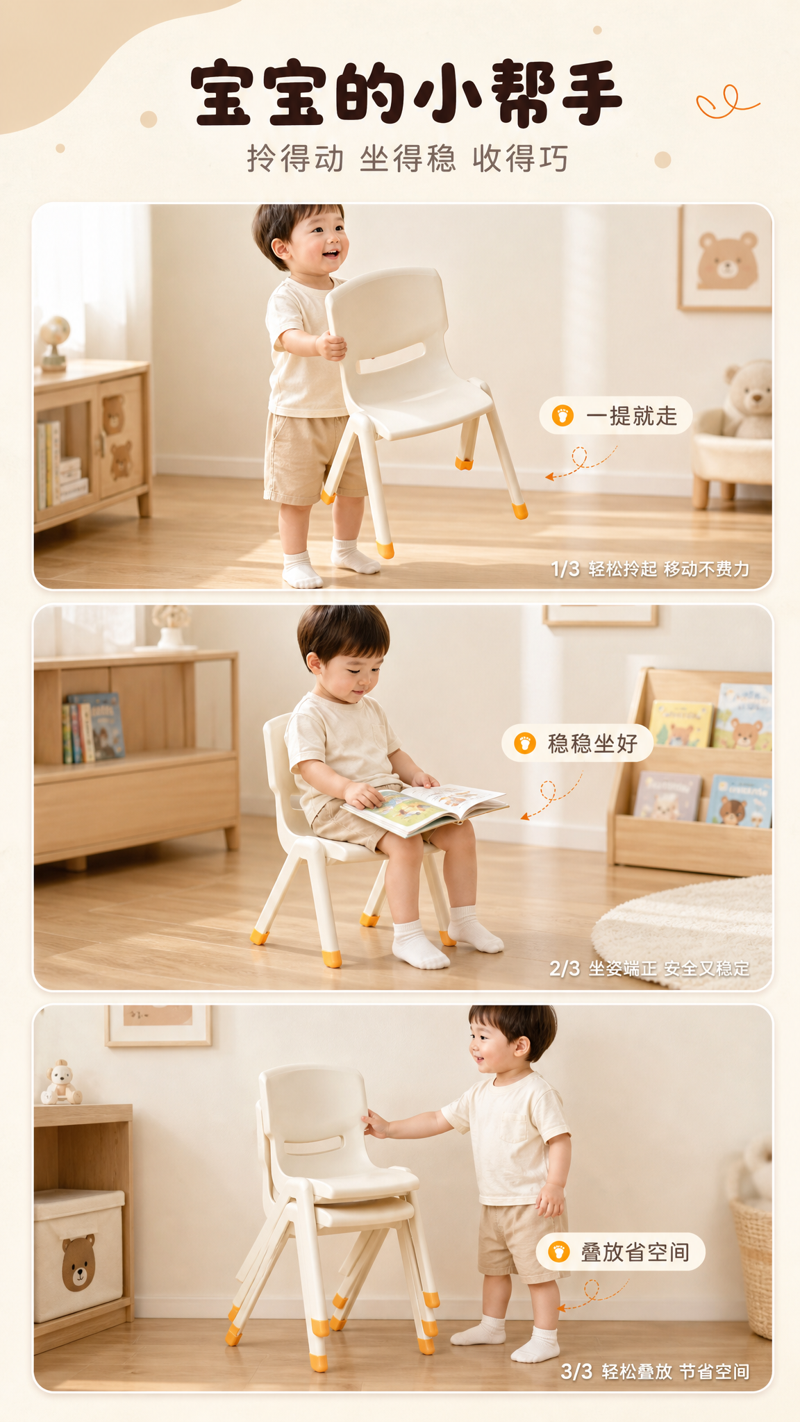 [商品] 使用【图1】米白奶油色一体成型儿童塑料椅：保留一体式… - 图片创意预览