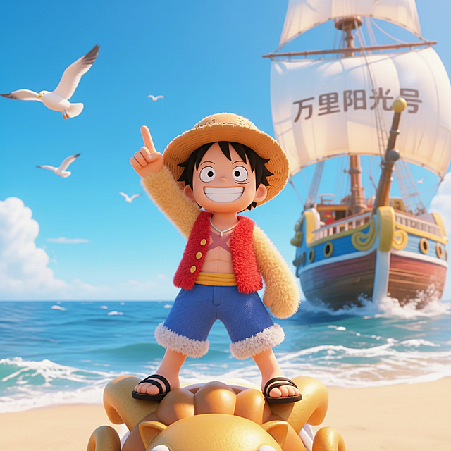 One Piece路飞，草帽海贼团船长，戴着标志性草帽，身穿红色马甲和蓝色短裤，脚踩黑色sandals，笑容爽朗，站在阳光明媚的海边船甲板上，身后是“万里阳光号”的船帆，海鸥飞过，海浪轻拍船身，动漫风格，细节精致，色彩鲜艳，充满冒险感
