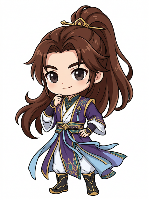 将图1的古风男性人物改成参考图2的Q版卡通风格，保留人物原有紫色古装和高马尾发型特征，绘制Q版角色预览效果