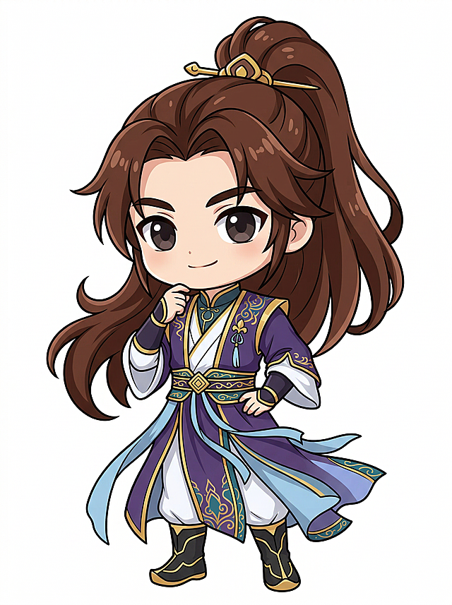 将图1的古风男性人物改成参考图2的Q版卡通风格，保留人物原有紫色古装和高马尾发型特征，绘制Q版角色