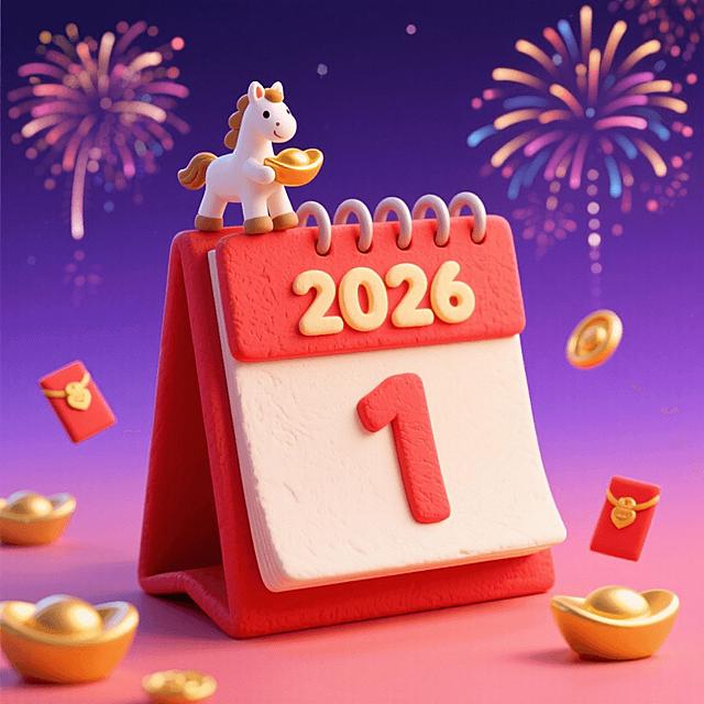 画面中心是带 “2026”字样在上方，“1”在下方，的红色台历，台历上方坐着持金元宝的白色小马，背景为深紫渐变夜空，（点缀烟花），周围环绕金元宝、小红包、装饰