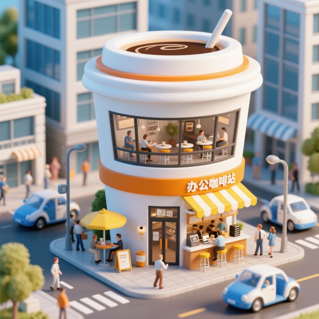 3D渲染的微缩风格场景，主体是巨大的咖啡纸杯造型建筑，纯白杯身搭配橙色，顶部插有一支简约风搅拌棒。建筑为两层结构，一层有自动门入口，门前设有黄色遮阳伞和便捷点单区，顾客来往不息；二层设有全落地玻璃窗和预览效果