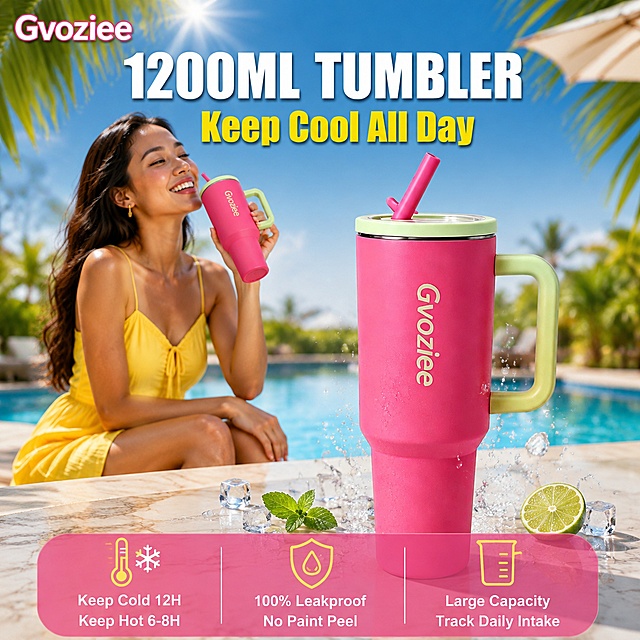 [单张主图] 1200ML Tumbler botol Leakproof Car Cup 玫红配浅绿大容量保温杯 马来西亚市场夏日风格主图 带东南亚女性人物 三大卖点信息图。
[路线判断] 东南亚爆款促销感主图，夏日热带风情，信息密度中高，移动端小图快速传递价值，符合马来西亚市场偏好。
[画面主体] 玫红色Gvoziee保温杯为绝对视觉主体，杯身哑光玫粉色，浅绿色手柄与杯盖，同色吸管，杯身正面印有奶油色Gvoziee品牌logo；产品位于画面中偏右，占画面约50%，45度斜侧视角，完整不裁切；**保持产品外观（物理结构、材质质感、颜色、logo字形与位置）与输入产品图一致，杜绝任何变形和色差，精细化处理**；杯身周围环绕少量晶莹冰块与飞溅的透明水珠，体现保冷夏日感，冰块与水珠自然不夸张。
[构图版式] 采用「顶部大标题型」东南亚爆款版式：顶部25%区域放品牌与主标题，中部产品主体+人物场景，底部20%通栏信息条放三大卖点，信息密度中高，层级清晰。
[场景元素] 背景为明亮的热带夏日户外泳池边场景，浅蓝渐变天空+棕榈叶剪影，阳光强烈，画面有温暖夏日光晕；产品放置于白色大理石质感泳池边台面上，台面有少量水滴和一片新鲜薄荷叶、一片青柠切片点缀；画面左后方中景位置，一位马来西亚年轻女性（东南亚面孔，浅棕肤色，深色长发自然披散，穿亮黄色吊带连衣裙）坐在泳池边，笑容灿烂，右手举起一个同款玫红色保温杯正在饮用，左手自然搭在膝上，人物占画面约30%，处于中景层，轻微虚化，营造真实夏日使用场景；人物为东南亚马来面孔，健康小麦色肤色，妆容自然，符合马来西亚本地人群特征；泳池水面有波光反射，背景有模糊的热带绿植和遮阳伞边缘，夏日氛围浓郁。
[文案版式] 所有文字为英文，清晰可读，符合马来西亚市场英文通用习惯。左上角品牌位写「Gvoziee」，字体与杯身logo一致，白色粗体加极细玫红描边。顶部居中主标题分两行：第一行「1200ML TUMBLER」，第二行「Keep Cool All Day」，第一行字号最大，白色粗体无衬线，第二行字号约70%，亮黄色粗体，整体有夏日活力感。底部通栏为玫粉色半透明圆角渐变条，内部分三列等距排列卖点，每列为图标在上文字在下：左列温度计+雪花图标下写「Keep Cold 12H Keep Hot 6-8H」，中列盾牌+水滴图标下写「100% Leakproof No Paint Peel」，右列量杯+刻度图标下写「Large Capacity Track Daily Intake」；图标为亮黄色描边，文字为白色中等字号无衬线。所有文字放在负空间，绝对不遮挡产品主体和人物面部。
[光影质感] 主光源为正午强烈阳光，从画面上方偏左照射，产品顶部有明亮高光带，杯身侧面有清晰明暗交界线，磨砂质感在强光下呈现细腻颗粒感；金属杯口有锐利高光反射，浅绿色手柄表面光滑有阳光反光；杯底在大理石台面上有清晰但柔和的投影；冰块透明有折射光，水珠有高光点；人物身上有强烈阳光感，头发边缘有金色轮廓光，皮肤有健康光泽；整体画面明亮通透，高饱和但不刺眼，夏日热带商业摄影质感。
[配色字体] 主色：玫粉色（产品杯身+底部条）；辅助色：亮黄色（人物裙子+图标+副标题）+ 天蓝色（泳池水面+天空）；点缀色：薄荷绿（手柄/杯盖/薄荷叶）；底色：蓝天+白大理石+热带绿。字体全部为现代粗无衬线体，主标题厚重醒目，卖点中等字重，层级分明，主标题字号是卖点文字的2倍以上，适合移动端小图快速识别。
[比例分辨率] 1:1正方形比例，2048x2048，2K超高清，文字清晰锐利可辨。
[负向提示词] 产品变形，杯身颜色偏差，logo变形或错字，文字错乱模糊，人物面部扭曲，多余的手多余手指，畸形手，手部扭曲，肢体穿模，杯口与嘴部位置错误，背景杂乱，水印，电商平台logo，欧美面孔，东亚面孔，韩系妆容，国内网感人像，产品悬浮，硬切边缘，白底残留光影，廉价爆炸贴，杂乱描边字。