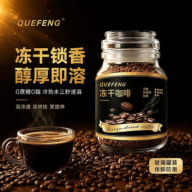 [主图-1] 冻干咖啡高端黑金首图，食欲感与品质感兼具。
[氛围风格] 高端黑金质感 商业摄影风 简约高级 咖啡醇香氛围；
[画质] 超高清商业摄影质感、光线通透、产品清晰真实、画面干净高级、细节锐利。
[元素] 玻璃罐装冻干咖啡居中偏右，瓶身完整展示，标签清晰可见QUEFENG冻干咖啡字样；周围散落深棕色烘焙咖啡豆，前景有一杯刚冲好的黑咖啡，杯壁有热气升腾，咖啡液面有细腻油脂光泽；背景为深棕色渐变到纯黑，左上角有金色光斑点缀，营造高端奢华感。**保持玻璃罐冻干咖啡产品外观（即物理结构、材质质感、颜色、标签设计）与输入产品图绝对一致，杜绝任何变形和色差，精细化处理；场景图允许光影阴影随当前场景调整以融入环境，禁止产品边缘硬切、原图白底光影残留、悬浮感**。商品主体占比约65%；画面满屏无边框。
[光影] 左上方暖金色主光斜射，在玻璃罐表面形成高光条带，咖啡豆表面有油亮光泽；右侧辅光柔和补光，暗部有细节；底部有微弱反光衬托产品立体感；整体光比舒适，高级感强。
[配色] 主色深黑+暖金；辅色咖啡棕、玻璃透明质感。
[视角构图] 平视微仰视角，产品为视觉中心；前中后景分层（前景咖啡豆+咖啡杯、中景产品主体、背景深色渐变），景深中等，突出主体。
[文字版式] 左侧负空间左对齐留安全边距，三行主辅文案不压产品。左上角放置QUEFENG品牌Logo，金色字体。大字主文案"冻干锁香 醇厚即溶"，金色最大号粗体无衬线；辅助短句"0蔗糖0脂 冷热水三秒速溶"，白色约半高；底部小字"高浓度 深烘焙 更提神"，浅金色小号。右下角金色小标签"玻璃罐装 保鲜防潮"。
[输出要求] 1:1比例，文字清晰锐利，超高清商业摄影质感。
[负向提示词] 变形，文字错乱，产品图模糊，背景杂乱，水印，电商平台Logo，多余的手，畸形手。