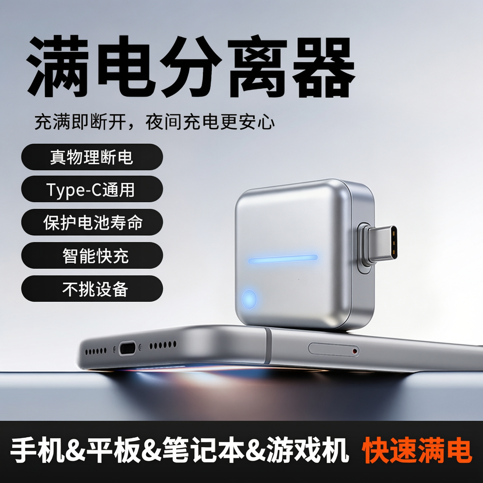 将图中右侧满电分离器产品机身上的灰色圆形按钮和灰色长条均改成蓝… - 图片创意预览