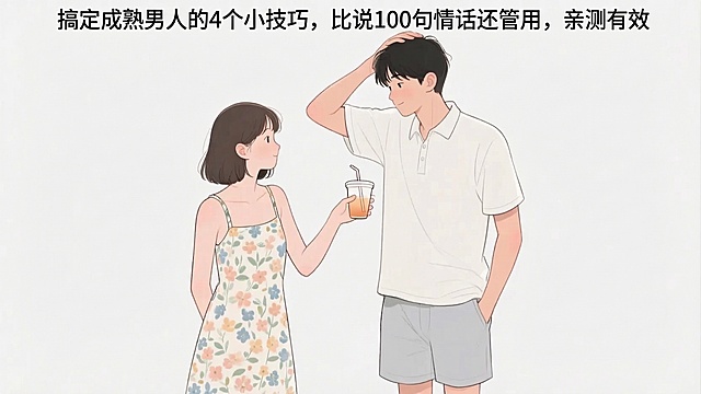 在图片上方合适位置添加文字："搞定成熟男人的4个小技巧，比说100句情话还管用，亲测有效"，保留原图中一对情侣的插画内容和风格，不改变画面其他元素