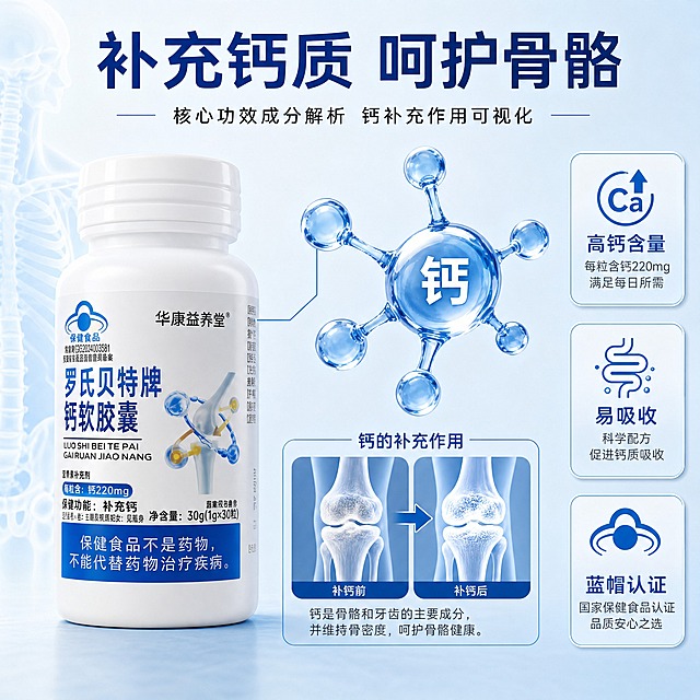 [主图-2] 核心功效成分解析 钙补充作用可视化
[统一基调] 整体风格专业品质 健康可信 背景主色浅蓝渐变白 标题字色深蓝 辅助字色深灰 强调色亮蓝 字体为干净非衬线体 字号层级分明 卡片圆角浅蓝边框
[画面] 产品瓶身位于画面左侧 占比40% 右侧展示3D蓝色钙分子结构球 用细线从产品引向分子结构 标注钙元素 下方有骨骼关节示意图 展示钙对骨骼的滋养作用 背景为浅蓝渐变 有淡淡的X光骨骼纹理作为底纹 体现专业医学感 产品外观与输入图完全一致
[光影质感] 商业摄影质感 柔和均匀布光 分子结构有玻璃通透质感 骨骼示意图有半透明医学感 产品光影自然
[配色] 浅蓝渐变背景 深蓝标题 亮蓝分子结构 白色骨骼示意图 产品保持原色
[文字版式] 顶部大标题 补充钙质 呵护骨骼 右侧三个圆角小卡片分别标注 高钙含量 易吸收 蓝帽认证 每个卡片配对应小图标 文字不遮挡产品
[输出要求] 1:1比例 2K分辨率 文字清晰 产品清晰 无变形 无错字 无水印 无平台Logo