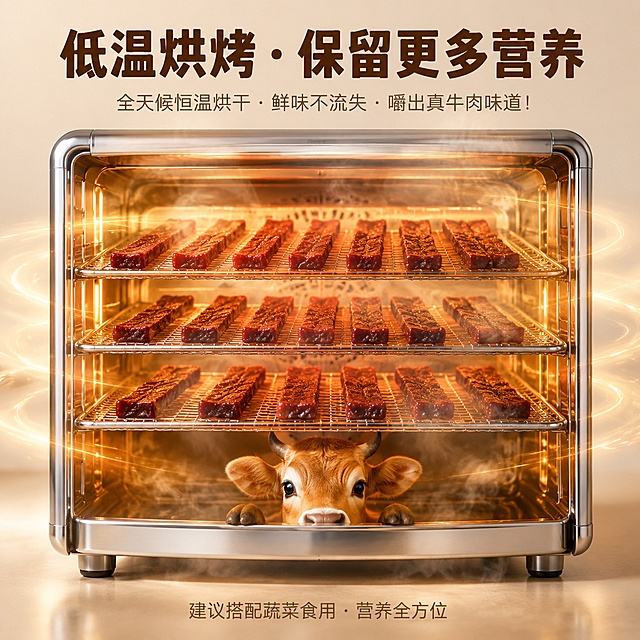 [主图-4] 低温烘烤 保留营养主图
[氛围风格] 专业工艺可视化，突出锁鲜技术优势
[画质] 商业摄影质感、光线柔和通透、产品清晰真实、画面干净高级
[元素] 透明烤箱内多层烤架摆放麦斯蒂牛肉条肉干，淡淡热气升腾，烤箱底部有可爱小牛探头探出，动态暖光光效环绕整个烤箱。保持麦斯蒂牛肉条产品材质质感、颜色与输入产品一致，杜绝任何变形和色差，精细化处理。整体画面主体占比70%左右，画面满屏无边框
[光影] 烤箱内部动态暖光作为主光源，整体偏暖调，热气朦胧氛围感强，高光在肉干表面体现，光效自然不刺眼
[配色] 浅米灰色背景，透明烤箱银色包边，肉干深红色搭配暖金色光效，整体专业温暖
[视角构图] 正面平视，完整展示烤箱内部工艺，构图居中稳定，层次清晰
[文字版式] 顶部标题大字粗体深棕色：低温烘烤 · 保留更多营养，下方小字：全天候恒温烘干 · 鲜味不流失 · 嚼出真牛肉味道！底部小字浅棕色：建议搭配蔬菜食用 · 营养全方位，文字层级清晰，标题大说明文字小，不遮挡烤箱主体
[输出要求] 1:1 比例，文字清晰锐利，超高清商业摄影质感
[负向提示词] 变形，文字错乱，产品图模糊，背景杂乱，水印，电商平台Logo