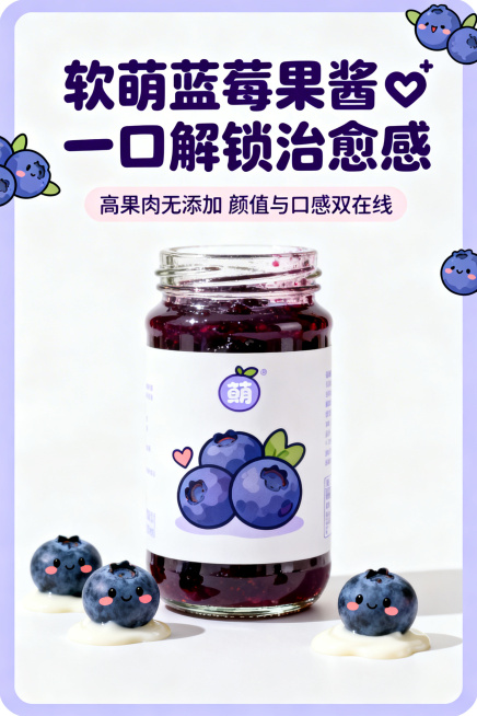 「图片1」第1屏：主视觉封面（引流屏）主标题：软萌蓝莓果酱✨ 一口解锁治愈感副标题：高果肉无添加 颜值与口感双在线排版布局：上半部分为主副标题（居中对齐，主标题深蓝莓紫加粗，副标题浅粉色，字体圆润卡通预览效果