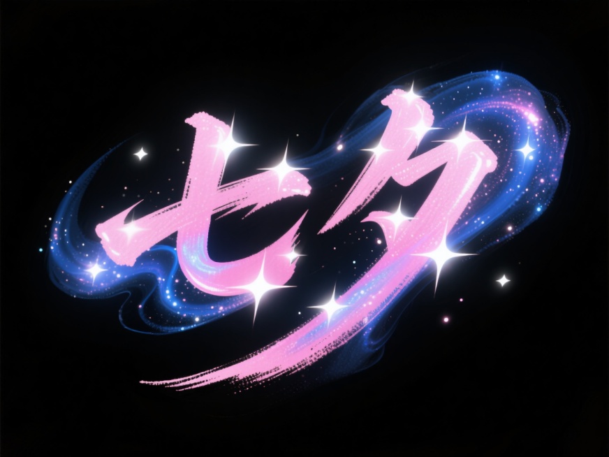 创建一个艺术字 “七夕” 设计，毛笔行书字体，笔划由星光、粉蓝色星云构成，黑色纯色背景预览效果