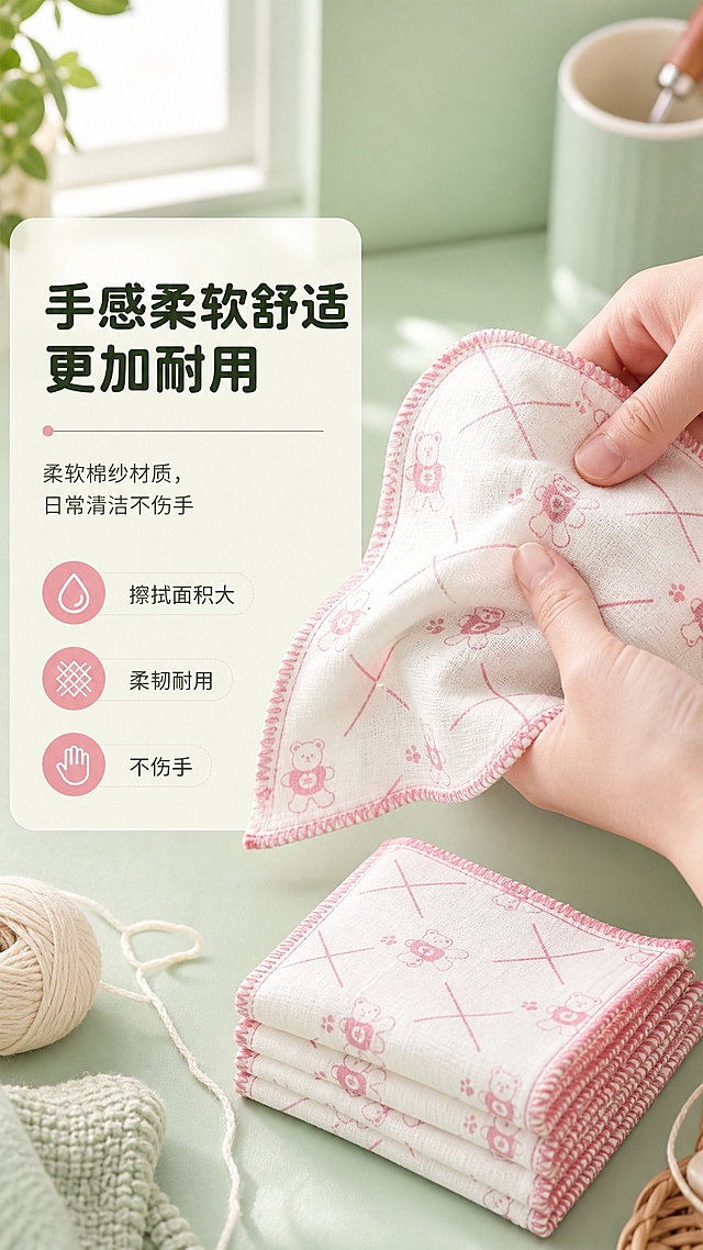[商品] 使用【图1】新款棉纱抹布（粉白格子+粉色锁边），叠放+平铺两种形态；商品处理：保留格子印花、粉色锁边、棉纱材质；增强纹理质感，展示柔软垂坠感。
[画面] 柔软耐用材质页，目标突出手感柔软、不伤手、耐用。左文右图构图，右侧为手部轻轻按压、弯折抹布的特写，展示柔软触感，抹布占画面50%；左侧为文字信息区；背景为温馨的厨房台面，点缀棉线、织物纹理元素。
[视觉] 套系策略：风格=清新洁净家居商业摄影；标题字=圆润黑体粗体；正文字=简洁无衬线黑体；主色=清新薄荷绿；背景延展=基于薄荷绿做深浅层级渐变、厨房台面与墙面同色系延展；强调色=暖粉色（呼应抹布印花），仅用于小面积图标、标签和点缀；标题色=深墨绿；正文色=中灰绿；组件=圆角信息卡、水滴形图标、细线引线；光影=左前侧柔和自然光，明亮通透。
[文字] 左侧主标题"手感柔软舒适 更加耐用"，副标题"柔软棉纱材质，日常清洁不伤手"，下方配3个小标签"擦拭面积大""柔韧耐用""不伤手"；文字全部横向排版，不遮挡手部与抹布互动区域。
[规格] 图片比例9:16竖版，4K，避免变形、错字、文字过小、手部姿态不自然、抹布颜色改变、绝对化用语。