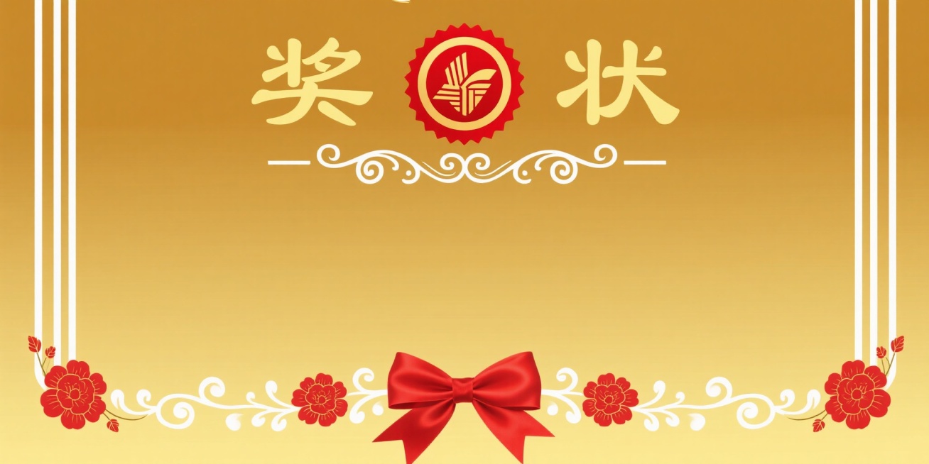 金色渐变背景，中央上方有红色圆形徽章，徽章内有金色图案，徽章两侧对称分布金色“奖”“状”文字，文字下方有白色卷草纹装饰，底部中央有红色蝴蝶结，蝴蝶结两侧对称分布红色花卉与白色卷草纹组合装饰，左右两侧有白色竖条纹装饰，整体呈现正式、荣誉、喜庆的氛围，具有传统奖状的设计风格，视觉层级清晰，信息传达简洁庄重。预览效果