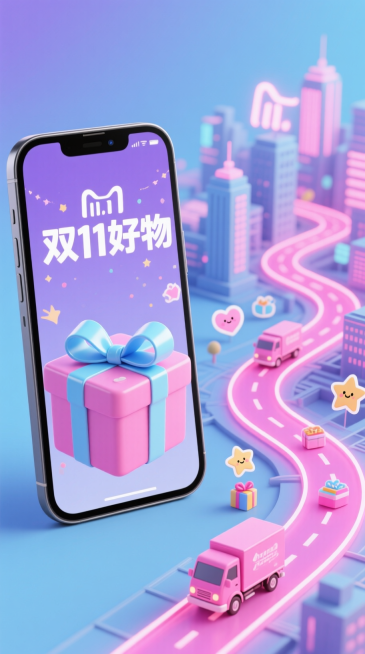 软蓝色和紫色渐变背景，左边是一部逼真的智能手机，屏幕上显示一个打开粉红色的礼盒，上面装饰着一条光滑的浅蓝色大丝带和蝴蝶结，还有中文文字“双11好物”用白色，俏皮的字体。在右边，描绘了一条发光的粉红色霓预览效果