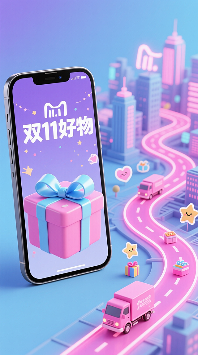 梦幻甜美的3D微缩城市，软萌卡通风格，霓虹灯色调点缀，手机屏幕中粉色礼盒跃出，配送车沿蜿蜒道路驶向双11好物盛宴。