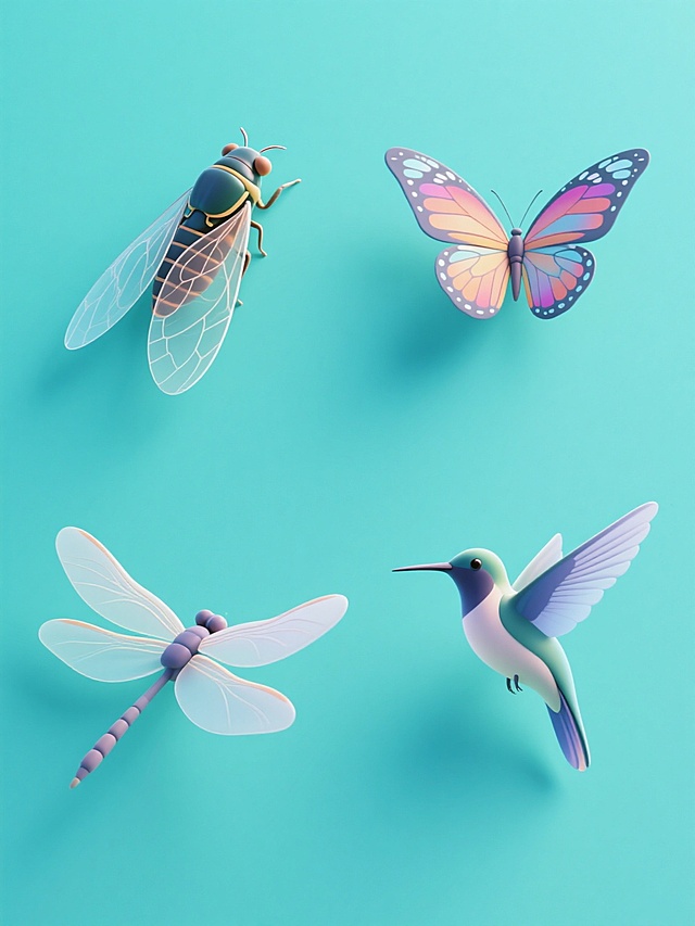 纯色背景下的软3D风格插画，画面整体色彩变换为清新蓝绿色调，四个完全不同元素内容的飞行动物系列素材集合规整排布。每个飞行动物都具有细腻的3D渐变质感，柔和的光影效果，平滑的表面过渡，以及清晰的形态结构。包括一只翅膀透明带纹路的蝉，一只色彩鲜艳的蝴蝶，一只展翅的蜻蜓，和一只流线型的蜂鸟，它们均匀分布在画面中，保持统一的软3D风格和视觉和谐。