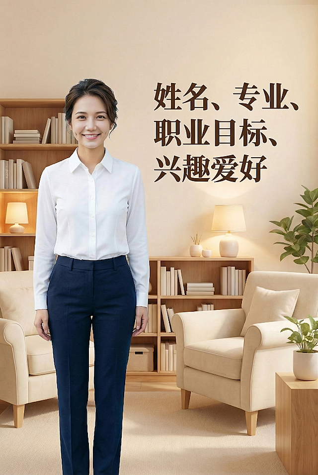 将图片中的原文字删除替换成：姓名、专业、职业目标、兴趣爱好，保持文字为大字体，整体保持温馨的心理咨询风格浅色温馨场景，保留原人物不变